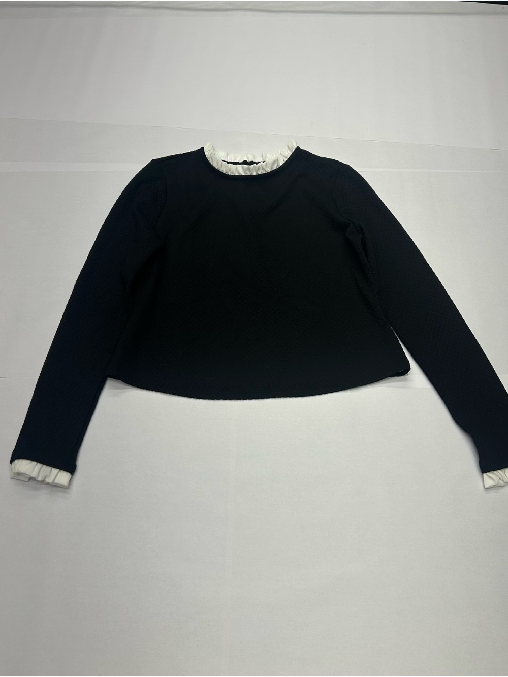 Elle Black Long Sleeve Top with White Ruffle Trim